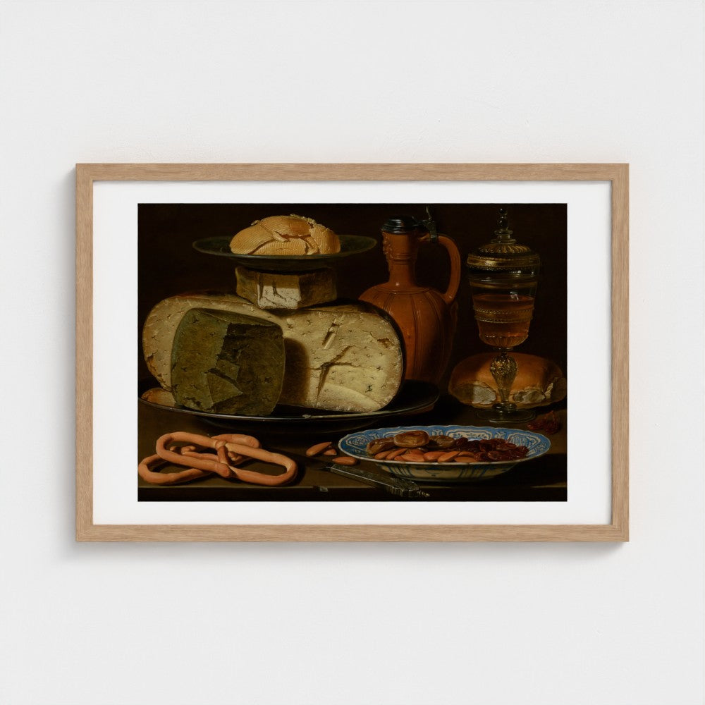 Clara Peeters, Still Life with Cheeses, Almonds and Pretzels, natural frame