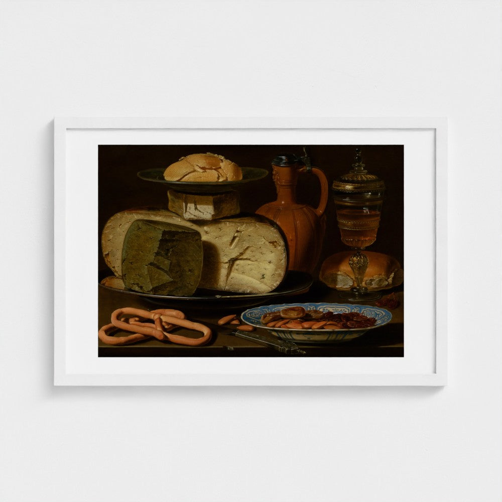 Clara Peeters, Still Life with Cheeses, Almonds and Pretzels, white frame