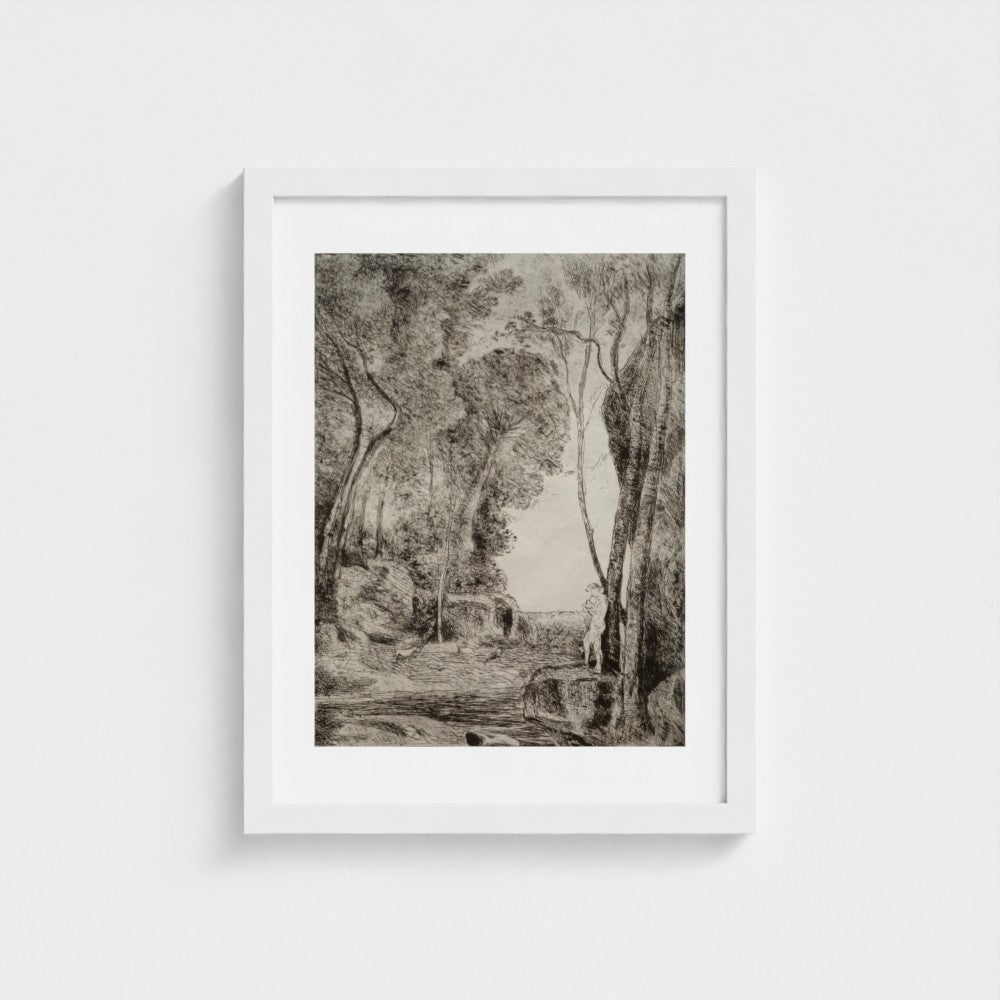 The Little Shepherd by Jean Baptiste Camille Corot in a white frame