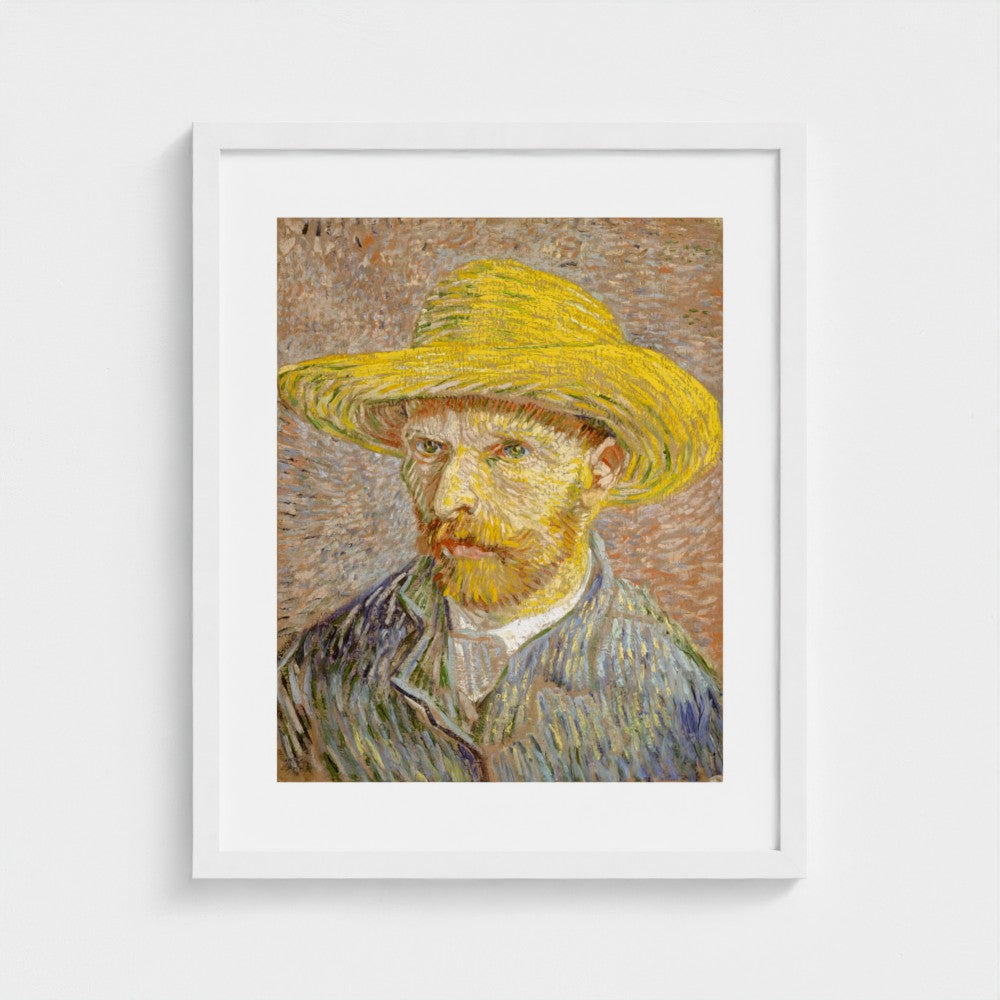 Vincent van Gogh, Self-Portrait with a Straw Hat, white frame mock-up
