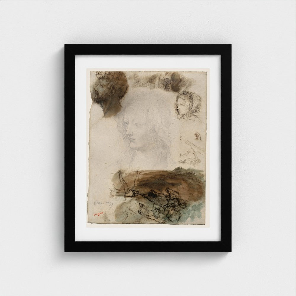Sheet of Studies and Sketches — black frame, 28 × 35.5 cm