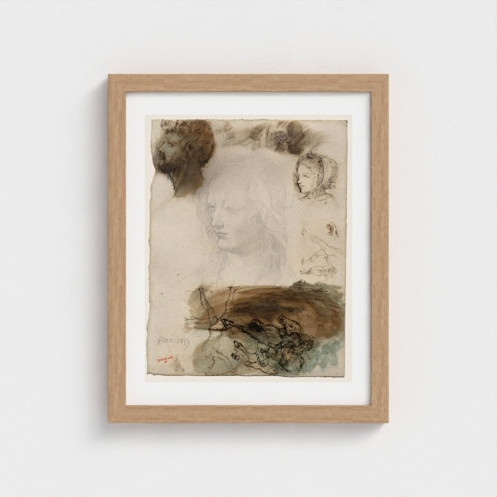 Sheet of Studies and Sketches — natural frame, 28 × 35.5 cm