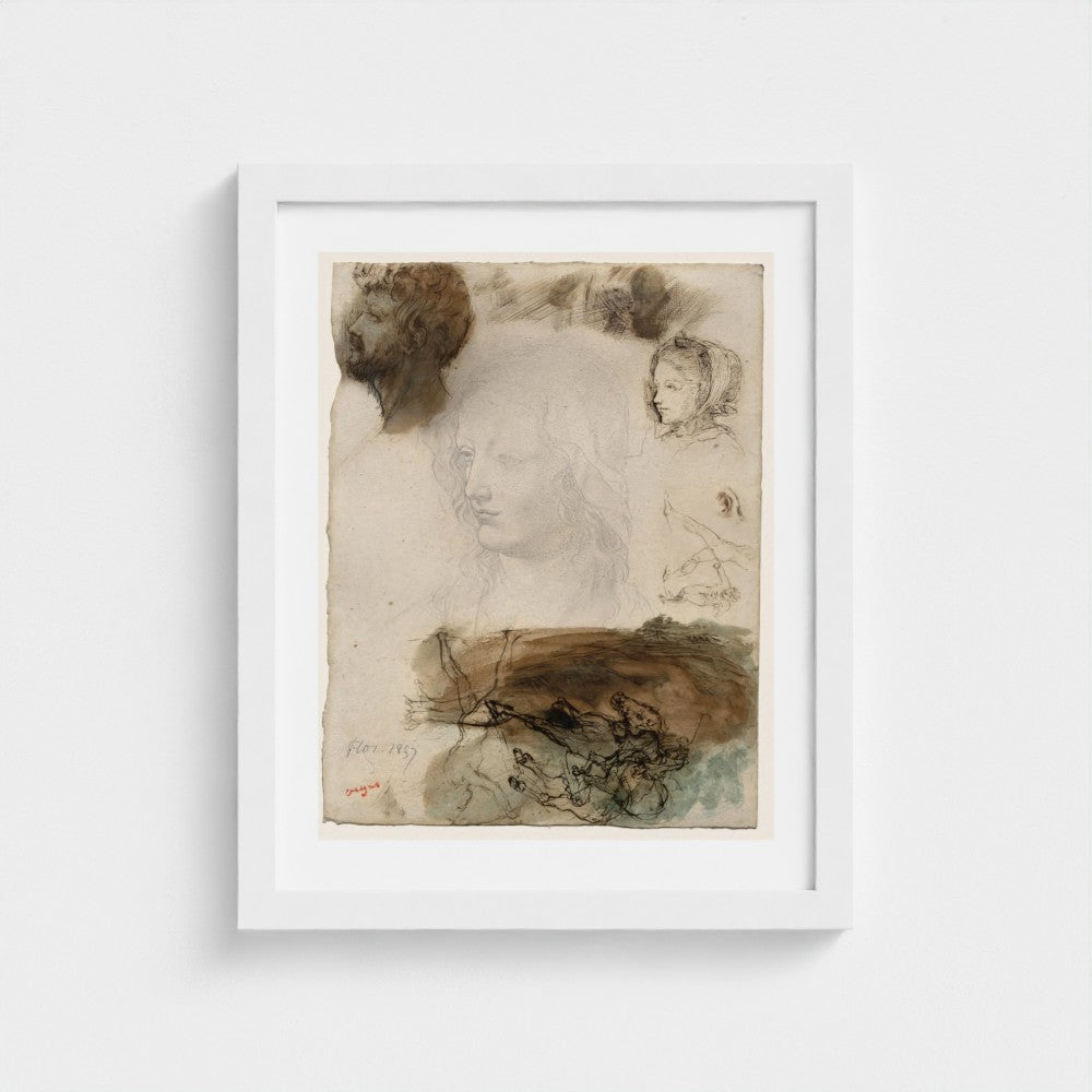 Sheet of Studies and Sketches — white frame, 28 × 35.5 cm