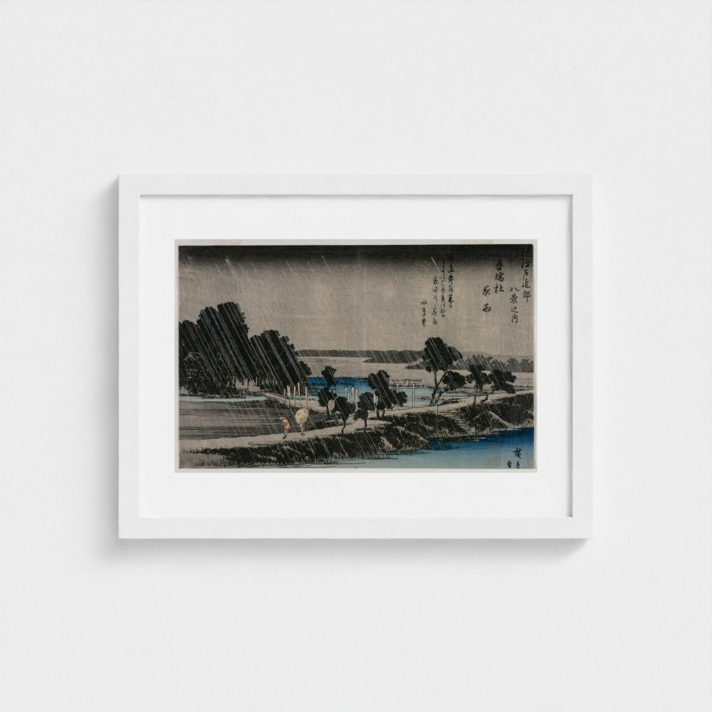 Night Rain at the Azuma Shrine (from the series Eight Views of the Environs of Edo) — White frame