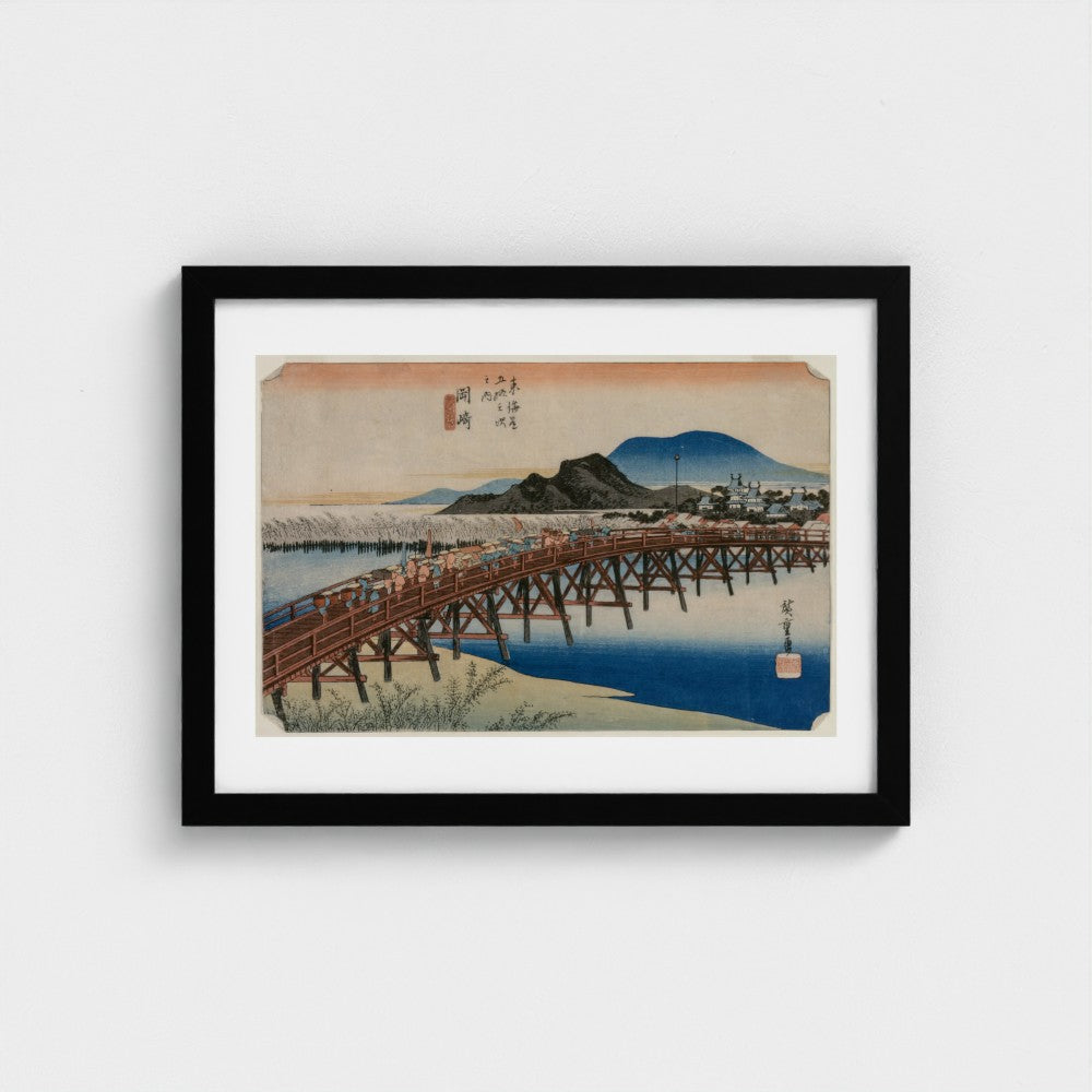 Yahagi Bridge at Okazaki (Station 39), from the series Fifty-Three Stations of the Tokaido — Black frame