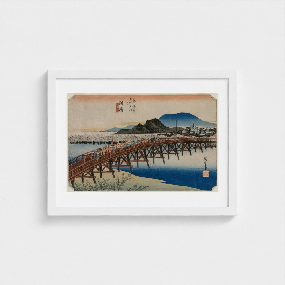 Yahagi Bridge at Okazaki (Station 39), from the series Fifty-Three Stations of the Tokaido — White frame